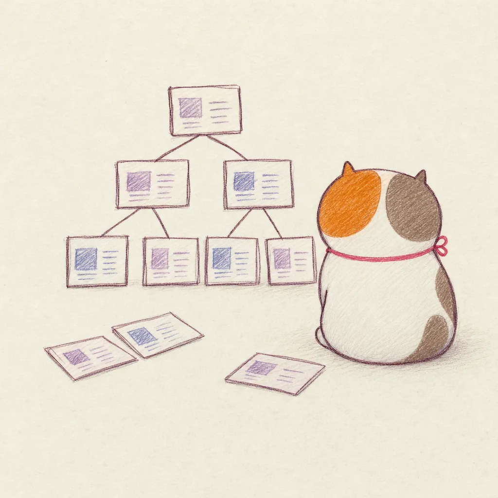 The calico cat building a tree out of index cards.