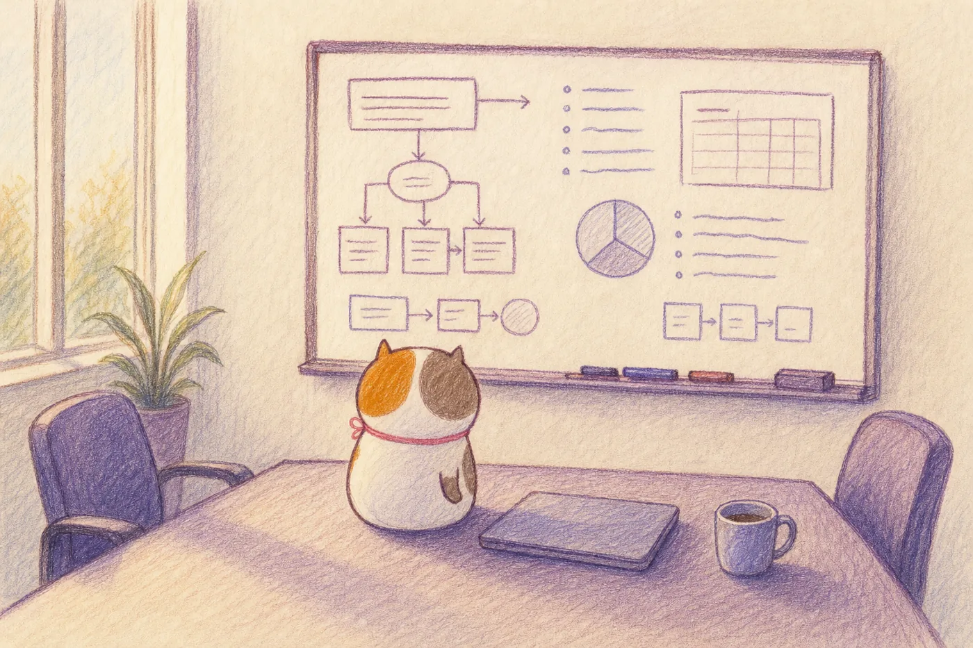 An empty interview room after the interview, a finished architecture diagram on the whiteboard and the calico cat on the table.