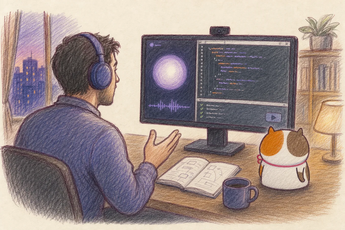 An engineer in a live AI mock interview: the interviewer on one side of the screen, a code editor and test results on the other, the calico cat watching.